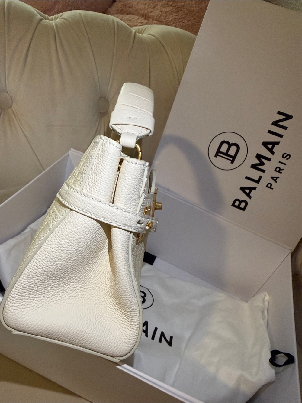 Balmain Cream Top-Handle Satchel with Gold 'B' Logo - Picture 3 of 5